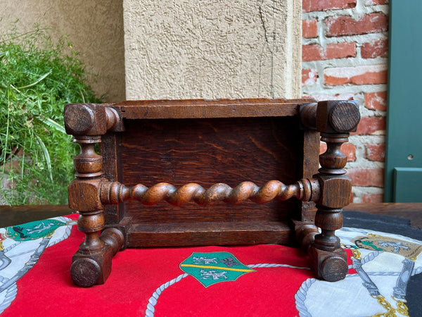 Antique English Kettle Stand Footstool Barley Twist Carved Oak Display Stool