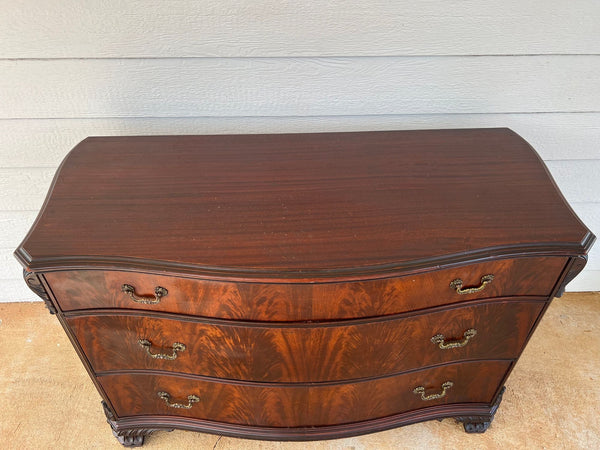 Antique Georgian Revival Chest of Drawers Flame Mahogany Serpentine Carved c1940
