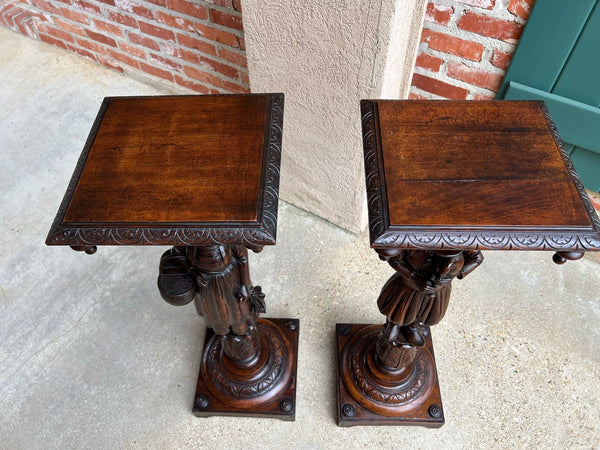 Antique French Breton Pedestal Stands PAIR Carved Figural Display Brittany c1900