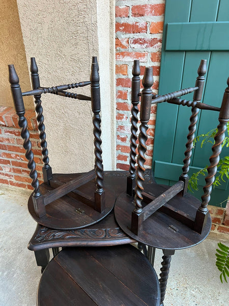 SET 4 Antique French Drop Leaf Nesting TABLE BARLEY TWIST Folding End Carved Oak