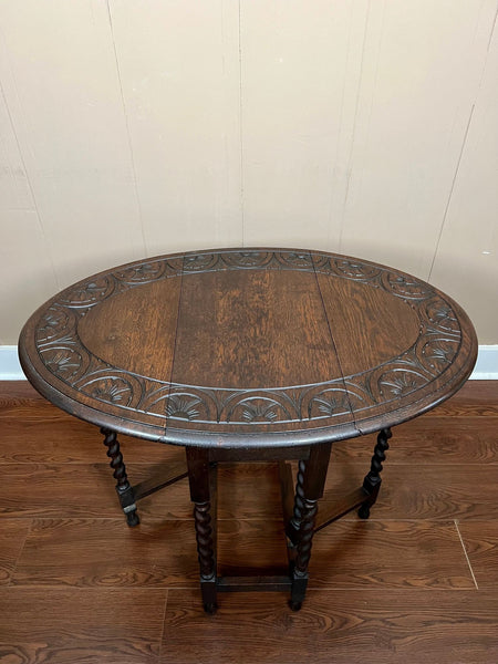 PETITE Antique English Side Sofa Table Barley Twist Drop Leaf Gateleg Carved Oak
