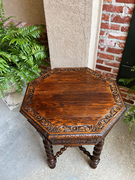 Antique French Octagon Sofa Table Carved Oak Barley Twist Louis XIII Renaissance