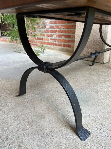 Antique French Coffee Table Bench Country Farmhouse Tiger Oak Wrought Iron c1920