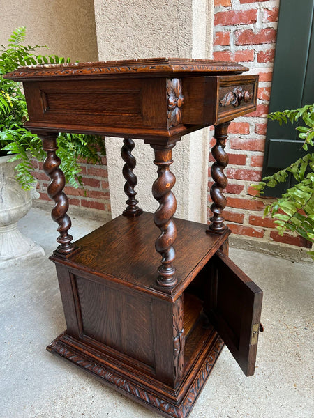 Antique French Side End Table Cabinet BARLEY TWIST Carved Oak Renaissance Marble