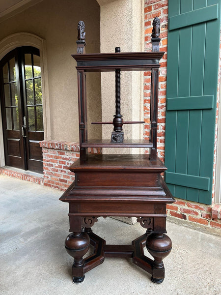 Antique English Book Press Table Renaissance Carved Oak Ebonized Cabinet c1880