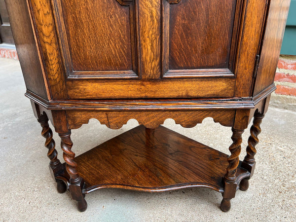 Antique English Tiger Oak Corner Cabinet Barley Twist Jacobean Arts & Crafts