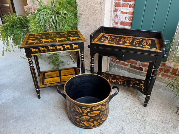 LARGE Antique English Planter Cachepot Black Metal Lacquer SHELL Decoupage c1890