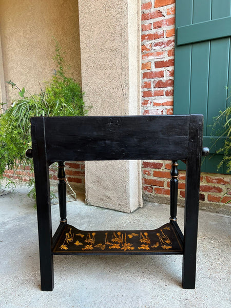 Antique English Sofa Side Table Decoupage Botanical Floral Black Gold c1890