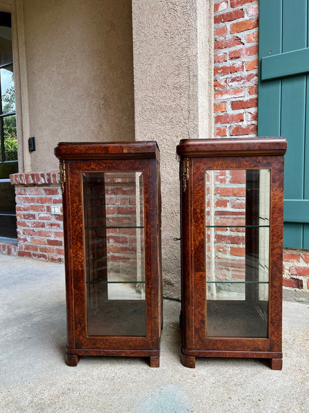 PAIR Antique French Glass Vitrine Display Cabinets Burl Mahogany Mirror c1900
