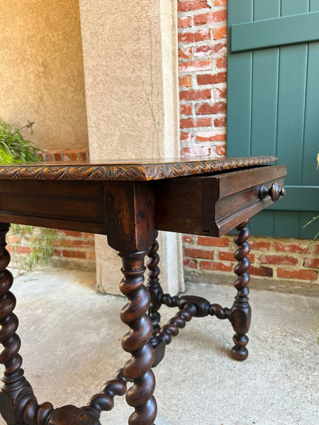 Antique English Console Table Writing Desk Jacobean Barley Twist Carved Oak c1890
