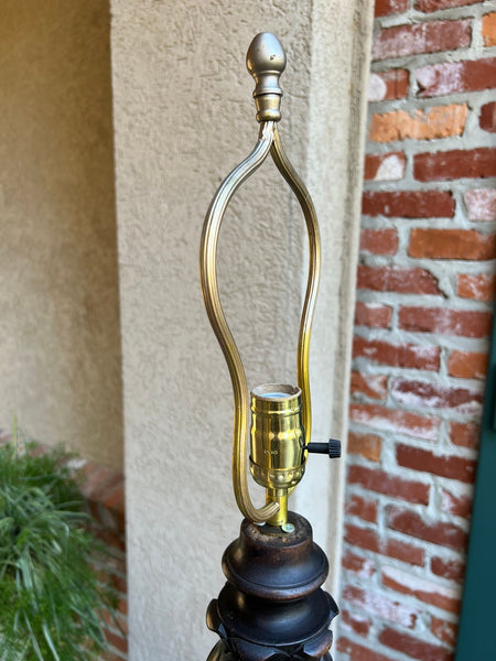 Antique English Carved Oak Floor Lamp OPEN Barley Twist w Round End Table c1920