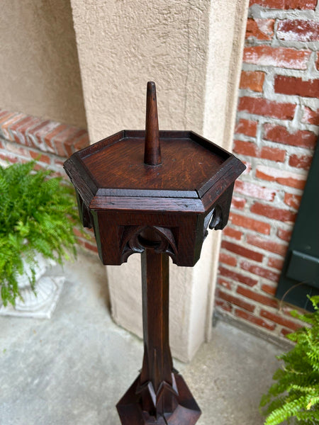 Antique French Gothic Revival Cathedral Spire Candlestick Pricket Carved Oak