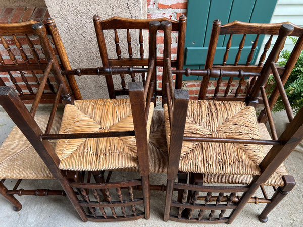 Set 5 Vintage English Oak Dining Side Chairs Rush Seat Lancashire Spindle Back