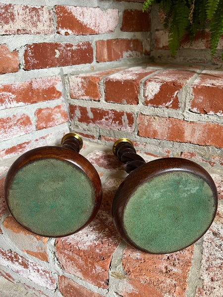 PAIR Set Antique English Oak OPEN Barley Twist Candlesticks Candle Holder Brass