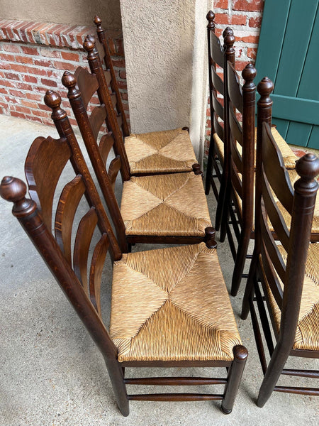 Vintage English Dining Chairs Set 6 Oak Ladder Back Rush Seat Woven