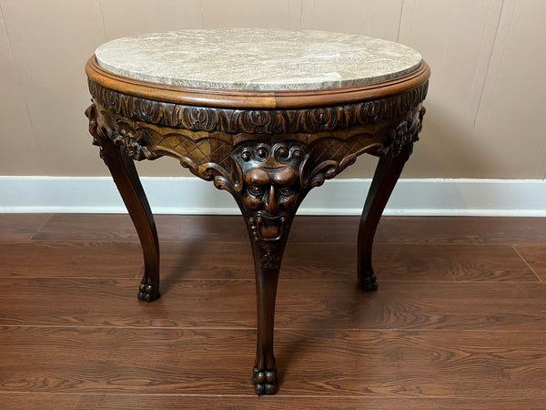 Antique French Renaissance Revival Center Table Round Marble Carved Walnut c1900