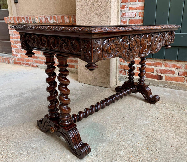 Antique French Console Sofa Table Carved Oak Barley Twist Desk Renaissance c1890
