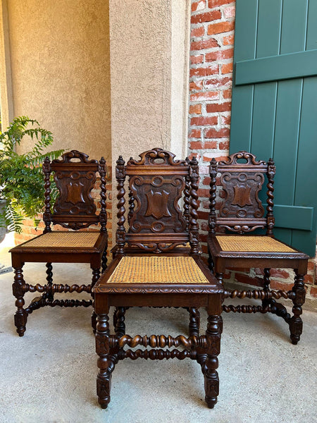 Set 4 Antique French Dining Chairs Barley Twist Cane Seat Carved Oak c1920