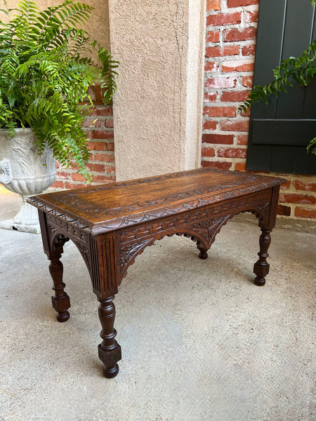 Antique French Bench Stool Gothic Renaissance Coffee Table Carved Oak c1890