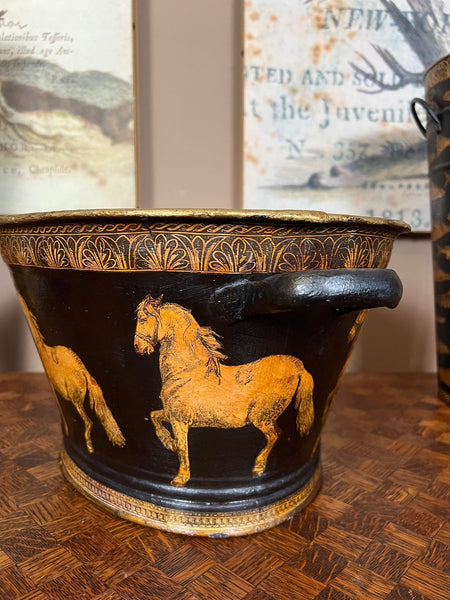 Antique English Planter Jardiniere Horse Equine Black Decoupage Tole Metal c1900
