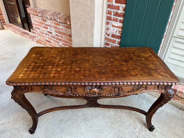 Antique French Center Library Table Louis XV Carved Oak Rococo Parquetry c1890