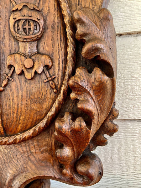 Antique French Gothic Wall Plaque Coat of Arms Carved Oak Renaissance c1890