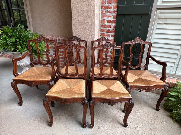 Set 6 Antique French Dining Chairs Carved Oak Rush Seat Louis XV Arm and Side