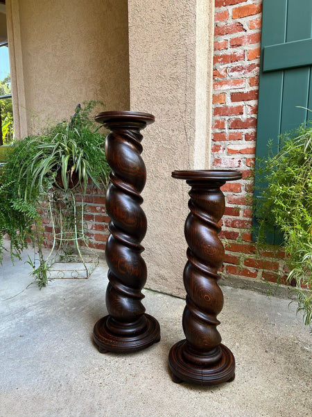PAIR Set of 2 Antique French Pedestal Stand BARLEY TWIST Oak LARGE Plant Columns