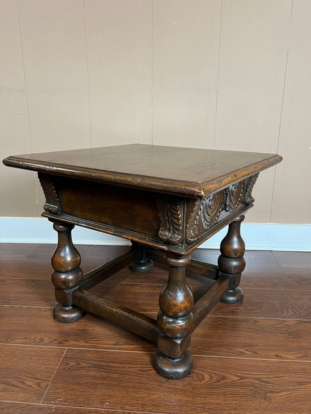 Antique English Side End Table Small Square Carved Oak Jacobean Revival c1910