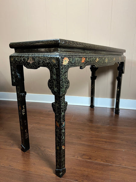 Vintage Chinese Console Table Black Lacquer Chinoiserie Gilt Hand Painted c1950
