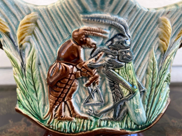 PAIR Antique French Majolica Jardinières Insect Musician Cache Pot Planter c1880
