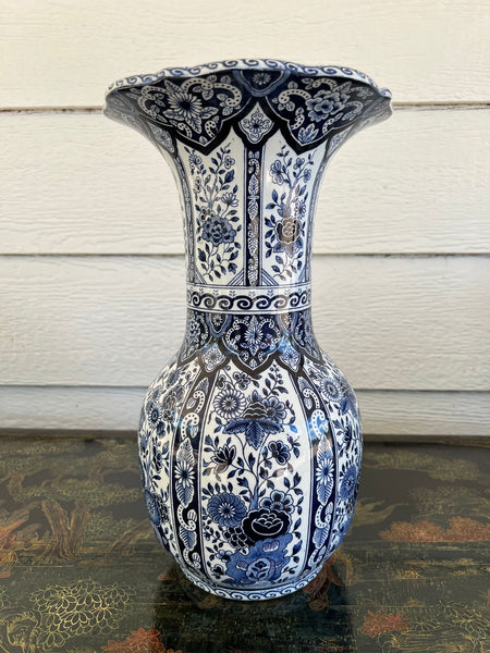 Vintage Large Delft Trumpet Vase Blue and White Floral Boch Royal Sphinx Urn
