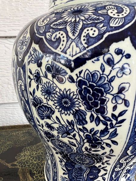 Vintage Large Delft Ginger Jar Vase Blue & White Floral Royal Sphinx Lidded Urn