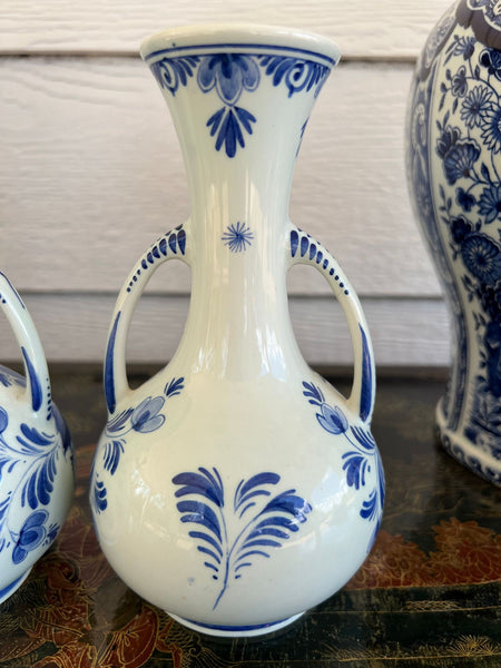 PAIR Petite Vintage Delft Vases Blue & White Windmilll Hand Painted Bud Vases