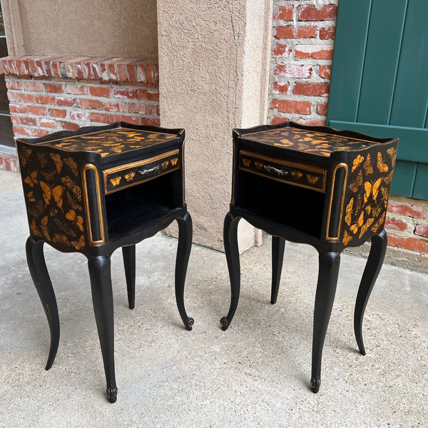 PAIR French Bedside Cabinets Chinoiserie Butterfly Gilt Lacquer Tables