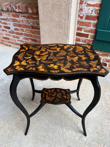 Vintage French Side Table Chinoiserie Butterfly Black Lacquer Hollywood Regency