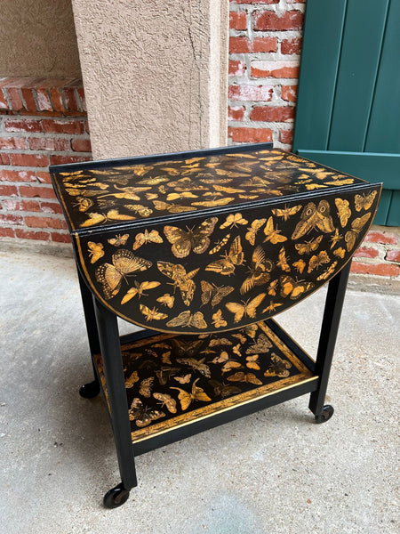 Vintage English Bar Cart Trolley Drop Leaf Chinoiserie Butterfly Lacquer Table
