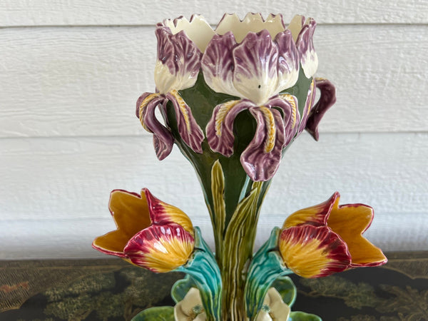 Antique French Majolica Vase Centerpiece Onnaing Art Nouveau Iris Tulip c1900