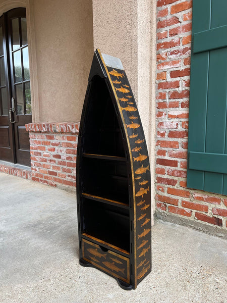 English Boat Form Etagere Black Lacquer Fish Decoupage Collection Bookshelf