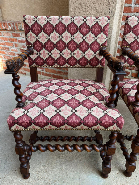 Pair SET Antique French Arm Chair Barley Twist Oak Renaissance Lion Fleur De Lis