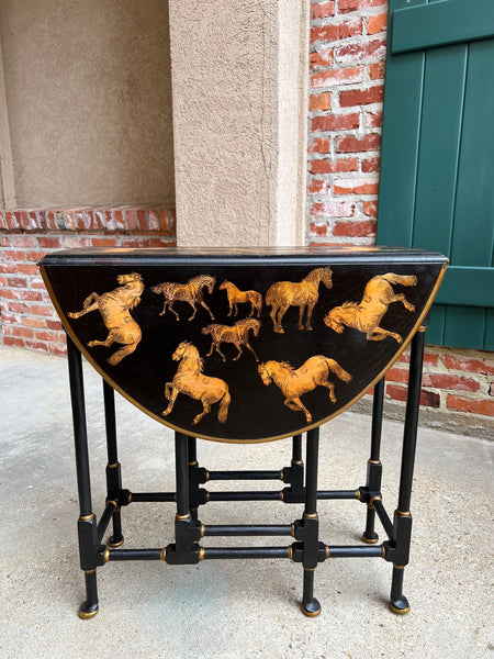 Antique English Drop Leaf Side Table Horse Equestrian Chinoiserie Petite Oak