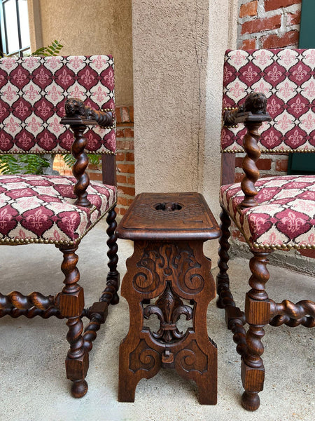 Antique French Bench Stool Gothic Renaissance Carved Oak Trestle Fleur de lis