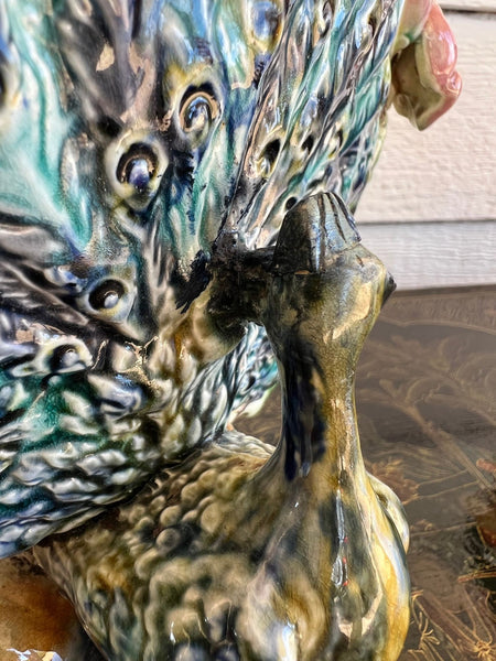 Antique French Majolica Jardinière Planter Peacock Onnaing Large Cache Pot c1880