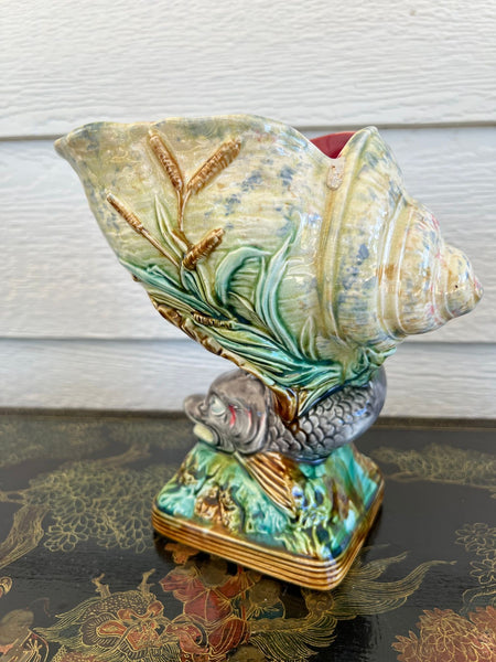 Antique Majolica Vase Bowl Dolphin Nautilus Shell English Royal Worcester c1870
