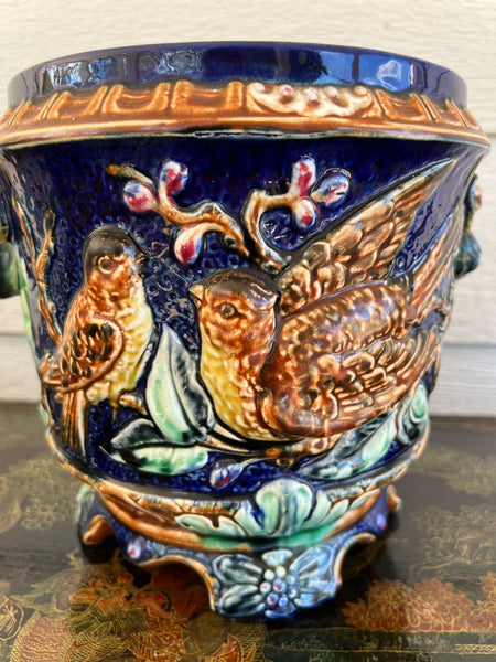 Antique Majolica Bird Planter Cache Pot Jardinière Cobalt Blue Wasmuël c1890