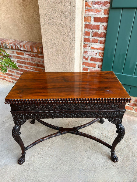 Antique Foyer Hall Table British Colonial Carved Wood Leather Flip Top Burmese