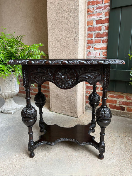 Antique English Side Sofa Table Ebonized Carved Oak Baroque Two Tier Tudor