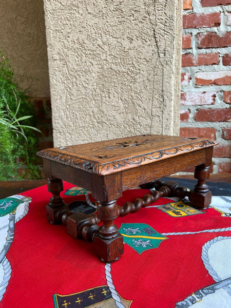 Antique English Kettle Stand Footstool Barley Twist Carved Oak Display Stool