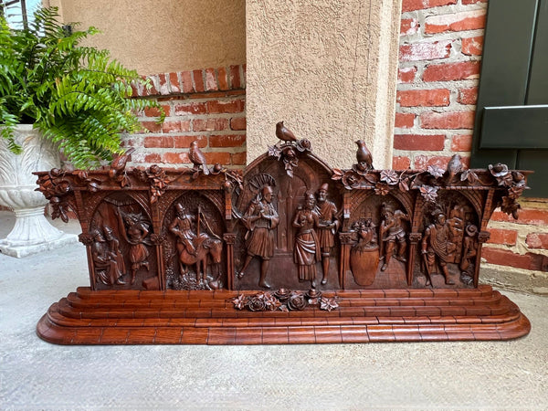 Antique French Renaissance Relief Carved Mantel Bookcase Art Display Knight Bird