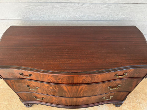 Antique Georgian Revival Chest of Drawers Flame Mahogany Serpentine Carved c1940